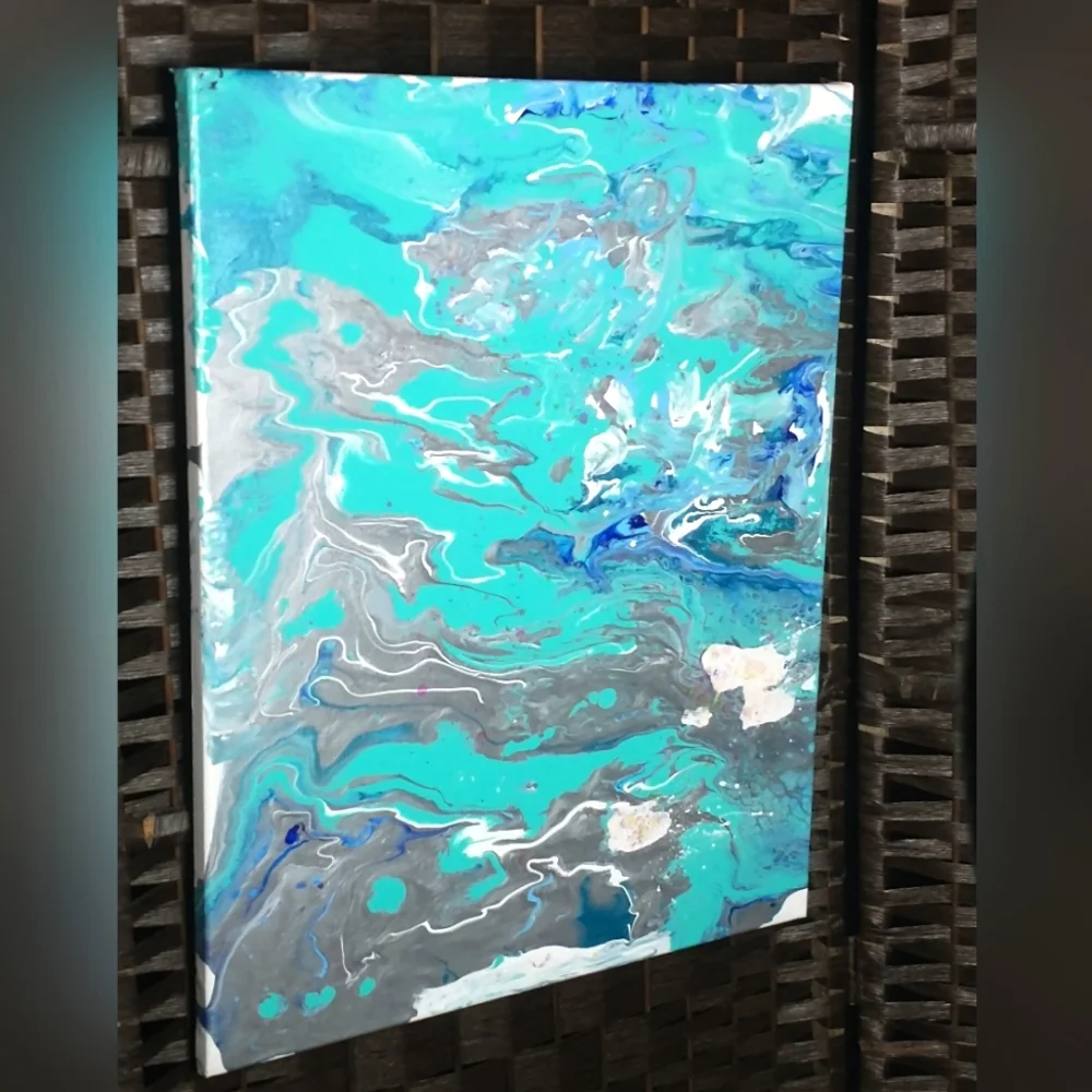 UNDERWATER FANTASY - Original Painting, 16x20 - Turquoise, Blues, Silver, White - Picture 16 of 16